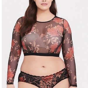 BLACK & RED FLORAL MESH LONG SLEEVE CROP TOP